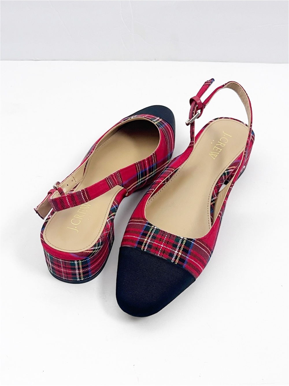J. CREW Factory Tartan Plaid Almond Captoe Slingback Heels Size 7 Christmas Boho